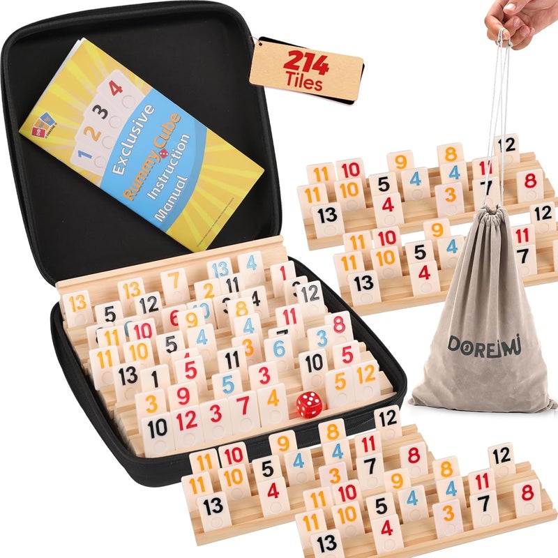 Doreimi Store Upgraded Rummy Cube Game Set 6-8 Players with 8 Wooden Holders and 214 Rummy Tiles, Travel Family Board Game for Adults and Kids Age 8+,Birthday Gifts for Women Men Dad Mom - Image 1